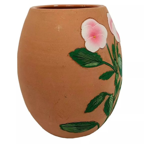 Terracotta Pottery Planter Handmade Etched Pink Pansies Pot Vase Artisans Signed - Picture 3 of 12